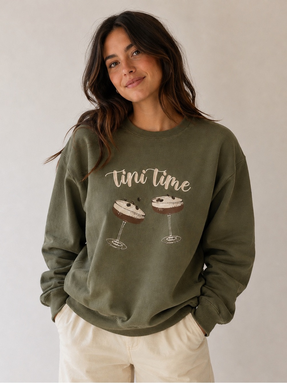 Feeling Festive Olive Green 'Tini Time' Graphic Crewneck Sweatshirt Size XL